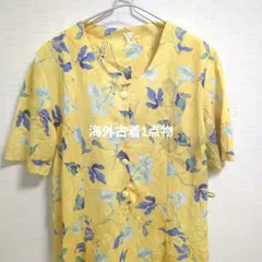 レトロ 海外古着 1点物 花柄 半袖 ひざ丈ワンピース イエロー