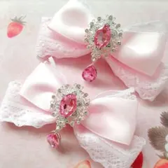 リボン ヘアクリップ 左右2個セット 量産型 地雷系 ライトピンク