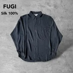 ビンテージシルク100%無地レギュラーカラー長袖シャツusaoldブラックすみ黒