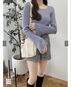 スクエアフレアスリーブリブニットトップス k9153c