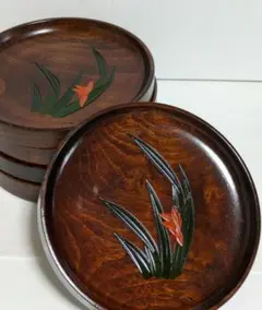 木製円形菓子器 花の装飾付き5枚セット 銘々皿 ミニお盆