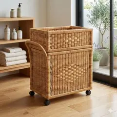 送料無料 皮つきラタン2段バスケットラック ランドリーラック 籐 新品