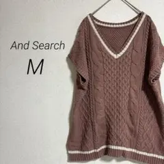 2412ケーブル編み VネックニットピンクブラウンM【アンドサーチ】