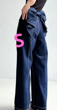バックリボンデニムパンツ S インディゴブルー