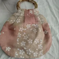 桜花柄 和柄バッグ 竹製ハンドル