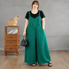 新品大きいサイズゆったりグリーンサロペット夏ノースリーブワイドパンツ着痩せ楽ちん