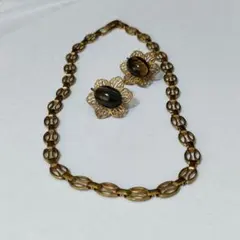 花型タイガーズアイ　イヤリング　ネックレス　ヴィンテージ　　虎目石