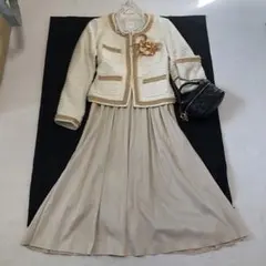 セレモニー　ママさんセットアップ　白&ベージュ系サイズLセット ツイード￼