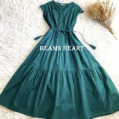 ビームスハート フレンチスリーブ ギャザーロングスカート ティアード グリーン