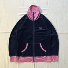 00s　NIKE　ベロアトラックジャケット　両面ロゴ刺繍　紺×ピンク　L　Y2K