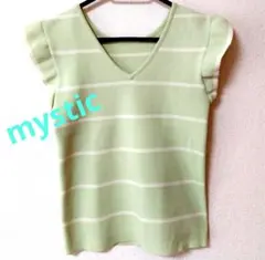 mysticフレンチ袖ボーダーニット.可愛いミントグリーン.ストライプ Vネック