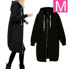 ロングパーカー ブラック Mサイズ　ファスナー　トップス　長めパーカー
