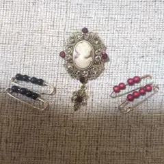 ビクトリアンスタイル カメオブローチ＆ビーズ付き安全ピン