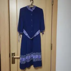 レトロ☆ネイビー花柄刺繍半袖ロングワンピース