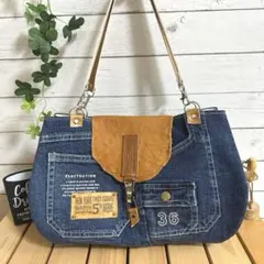 デニムリメイク　レザーフラップ　コロリンショルダーバッグ