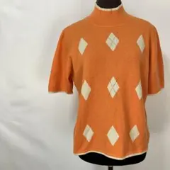 カシミヤ100% トップス ニットセーター アーガイル柄 五分袖 オレンジ