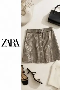 【ZARA】パイソン柄ミニスカート ベルト付き フロントボタン エナメル風 台形のサムネイル