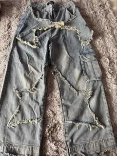 KENVIBE】個性的なパッチワークスター ワイド デニムパンツ サイズL 