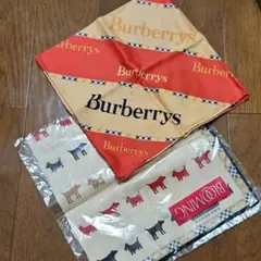 【ヴィンテージ】Burberry 大判ハンカチ チェック柄　犬柄　ロゴ　スカーフ