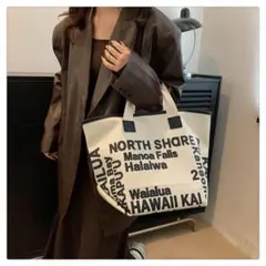 英文字ロゴデザイン ハンドバッグ 白×黒 キャンバストート 大容量 モノクロ