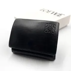 《超美品》ロエベ 三つ折り財布 トライフォールド リネン アナグラム 本革 黒系