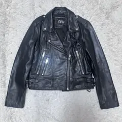 ZARA 本革 リアルレザー ライダースジャケット 羊革 ダブル 黒 L