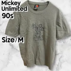 ヴィンテージ　ミッキー　公式　刺繍ニット　半袖　トップス　古着　M ライトグレー