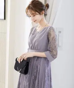 美品niana アサクラ　プリーツ×レース　7分袖ドレス　パーティ−ワンピース