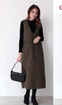 カーキ ジャンパースカート M ロング丈 Vネック 秋冬