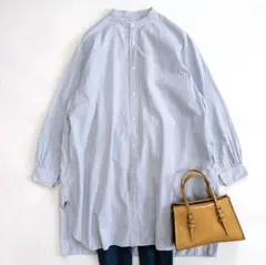美品 ORCIVAL オーシバル ストライプ バンドカラーロングシャツ
