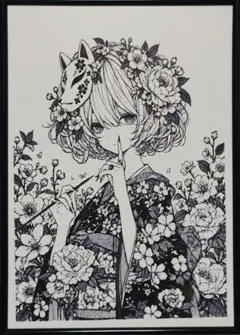 【アナログイラスト／ペン画】A4サイズ 原画『狐面の少女』フレームなし