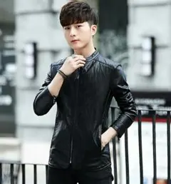 高品質 メンズ トレンド スリム 上質 革 ライダース ジャケット  黒F22