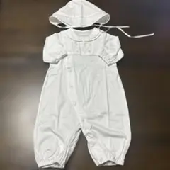 値下げ美品★ミキハウスホワイト ツーウェイ・ドレスオール 帽子付き