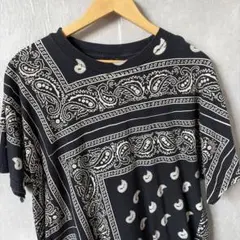 ペイズリー柄 バンダナ柄 総柄Tシャツ ブラック