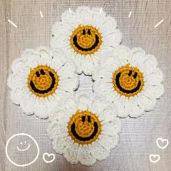 デニムデイジーニコちゃん 花 ドイリー アクリルたわし コースター 4枚