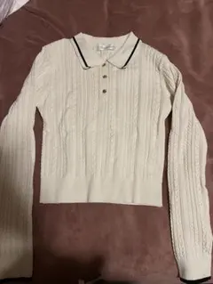 アイボリー ケーブルニット ポロシャツ 長袖