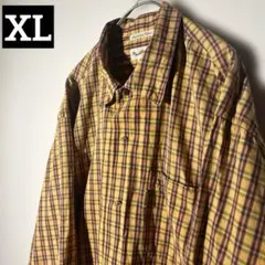【個性派古着】くすみイエロー　チェック柄 コットン 長袖シャツ 日本製　XL