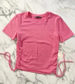 ZARA クロップド丈　ピンク　リボン　ニットTシャツ　トップス　M