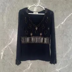 パーティー 婦人服 ビーズ スパンコール 装飾 長袖トップス ブラック M/L