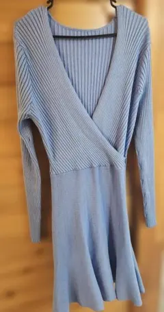 ライトブルー ラップニットワンピース