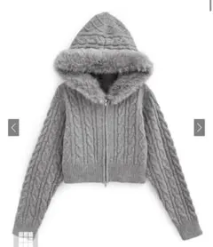 ファーフードダブルジップケーブルニットカーディガン【mb1601】