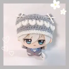 ちびぐるみ ぬい服 ぷっくりハート 猫耳ニット帽 グレー×白 編み物