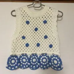 ZARA かぎ編みニット ノースリーブトップス S ホワイト・ブルー