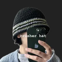 SALE　大きめ　ハンドメイド　クラッシャーハット　クロシェハット　黒　d3