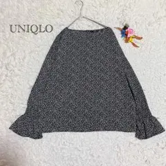 ユニクロ　ブラウス　小花柄　フレアスリーブ　 M ブラック　オフィスカジュアル