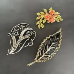 ヴィンテージ風 花と葉のブローチ 3点セット
