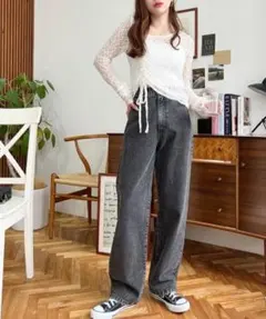 新品 moment+ デニム＆ツイルストレートパンツ