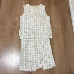 アイボリー チェック柄 ベストスカートセットアップ　ツイード