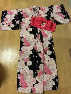 花柄　浴衣　セット　　黒　ピンク