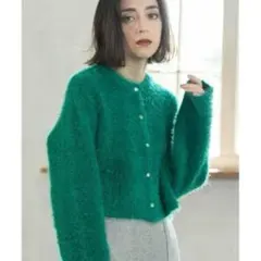 オペークドットクリップ シャギーニットショートカーディガン グリーン FREE